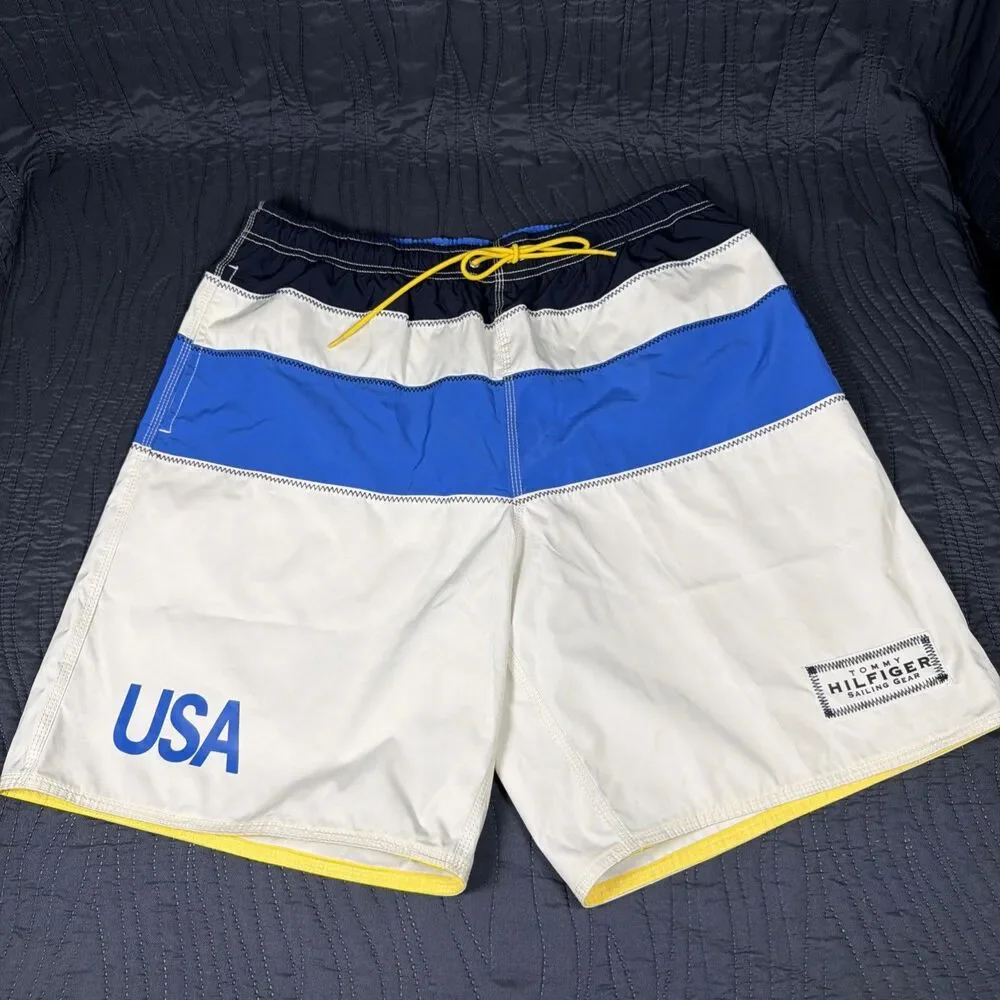 Tommy Hilfiger Sailing Gear USA Board Shorts Men's Large Blue White Yellow Swim